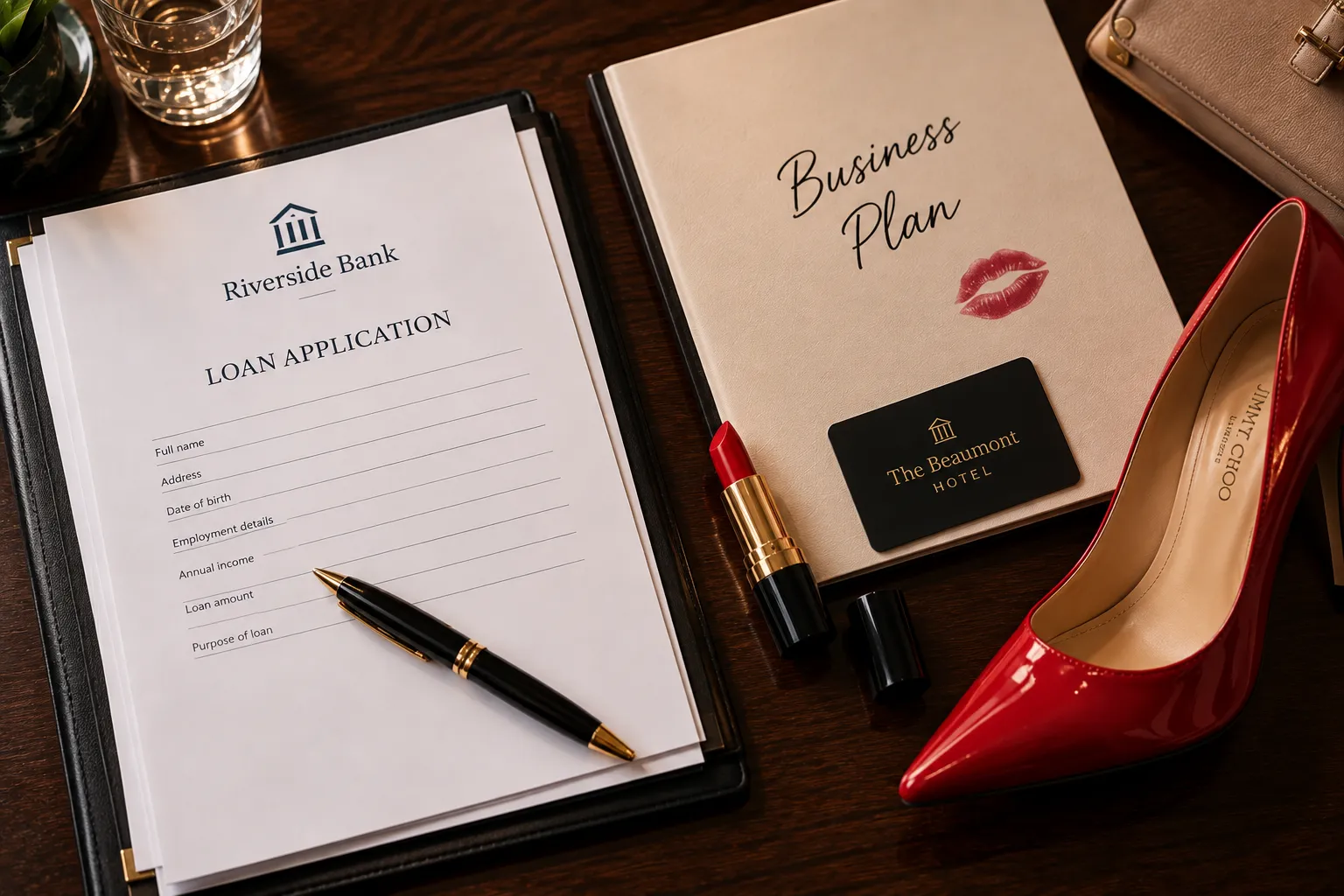 Loan application beside a business plan, lipstick and red high heel