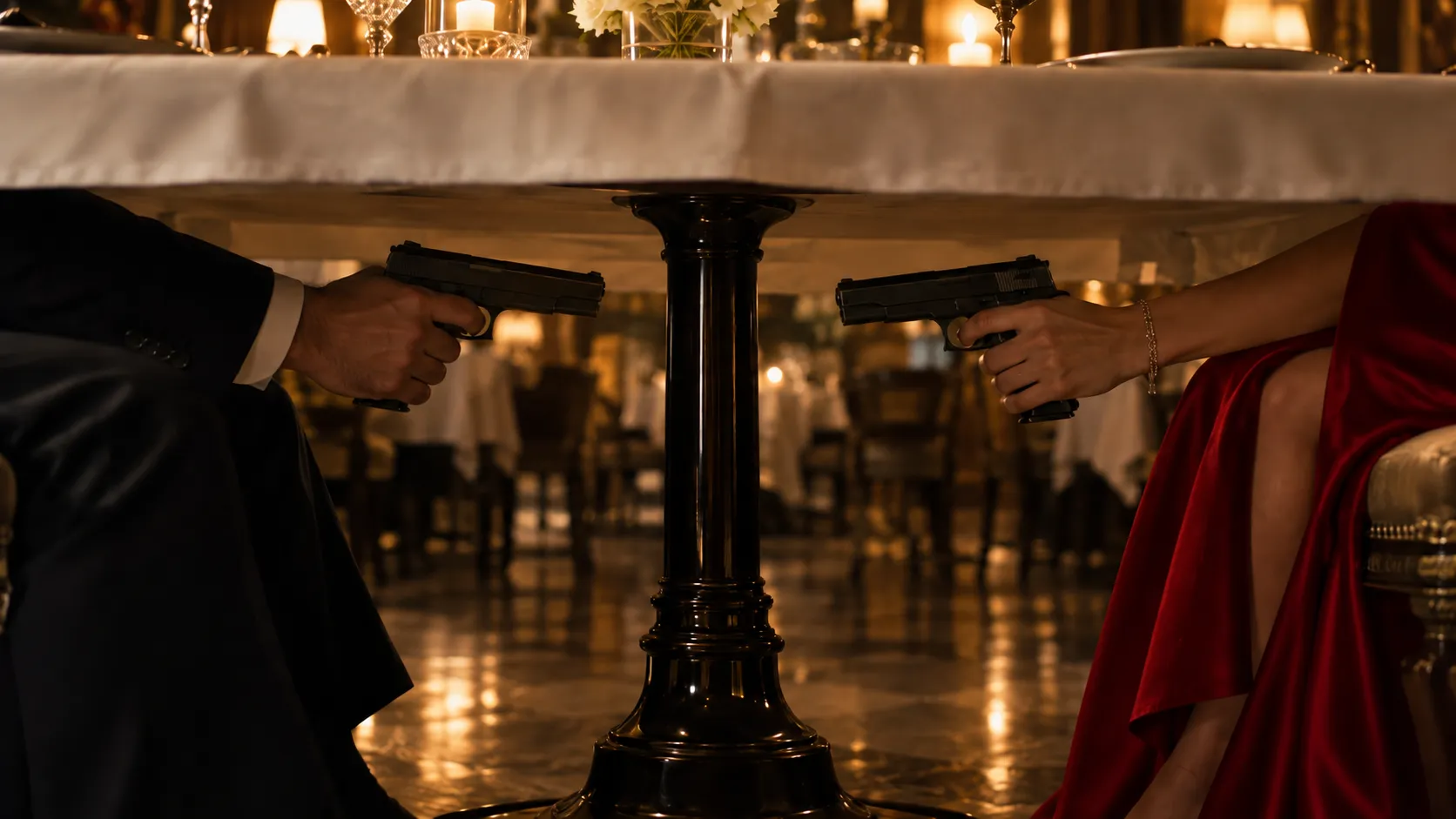 Two people secretly aiming pistols beneath a restaurant table