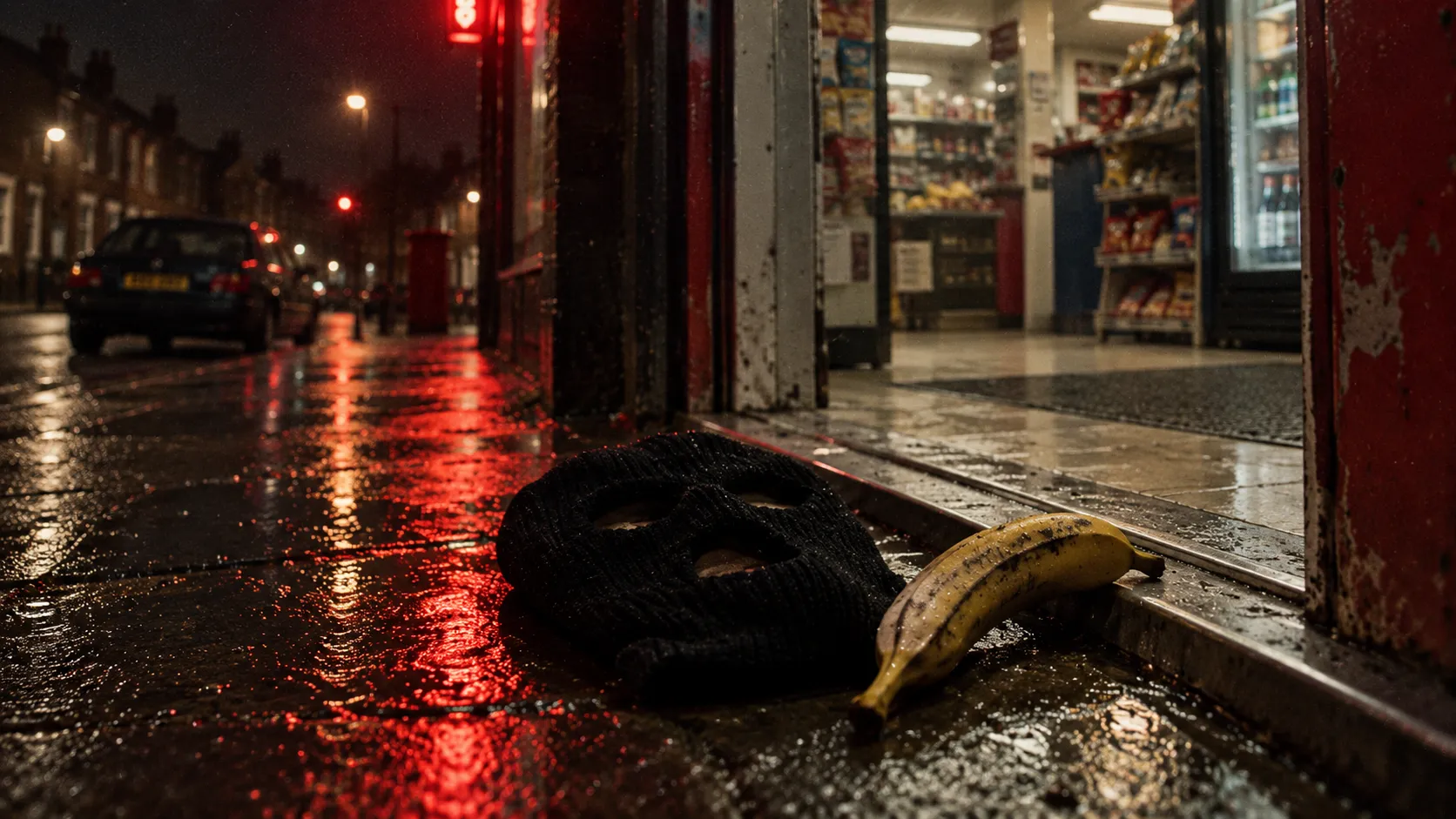 Balaclava and banana outside a corner shop on a rainy night