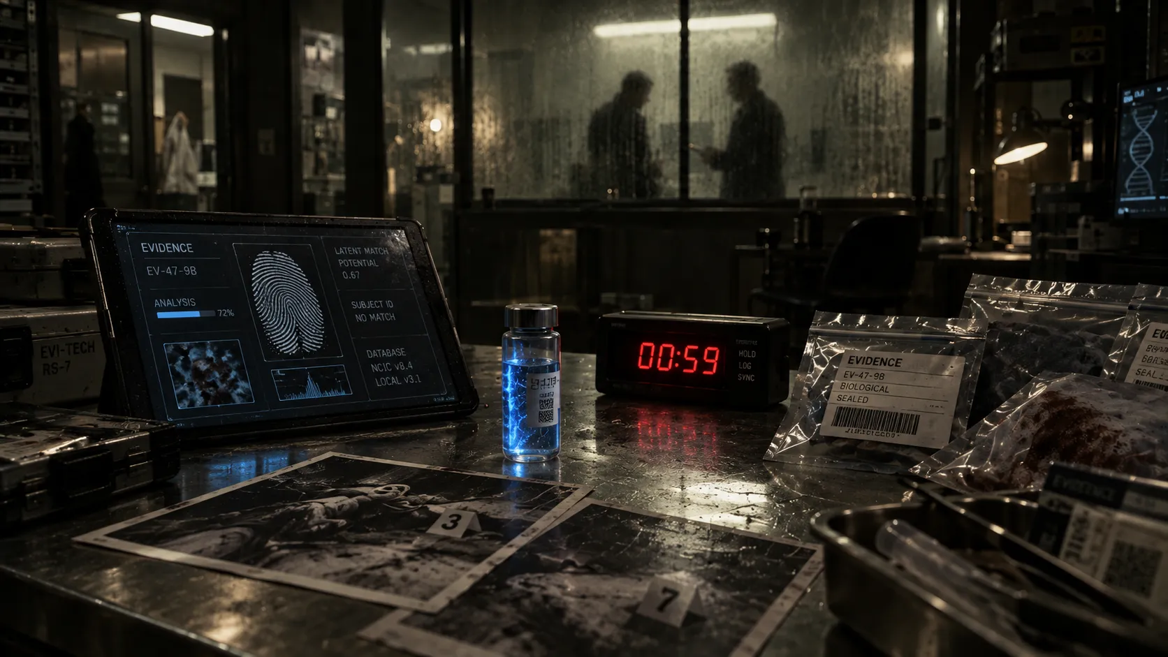 Forensic laboratory with evidence, countdown timer and experimental vial