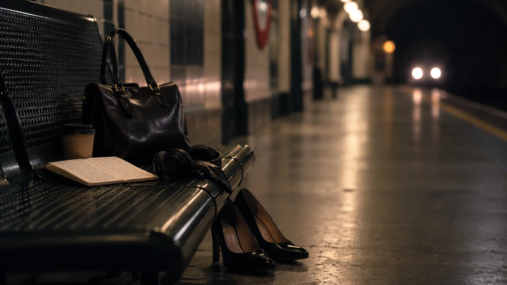 Abandoned belongings and high heels on an empty underground platform