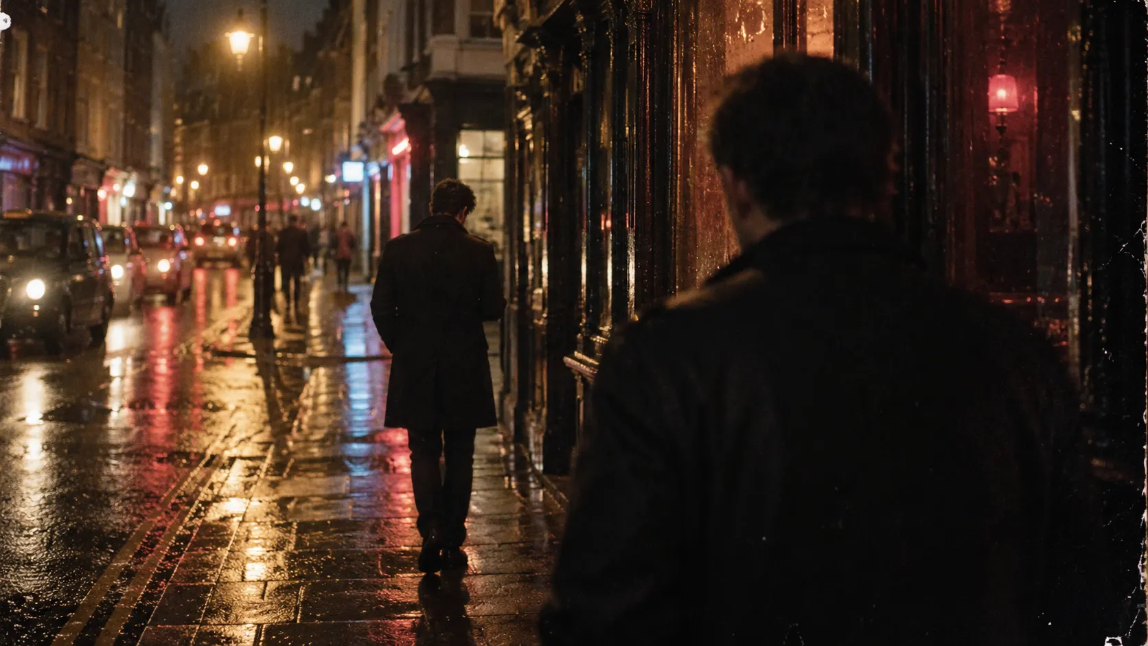 Man being followed along a rain-soaked city street at night
